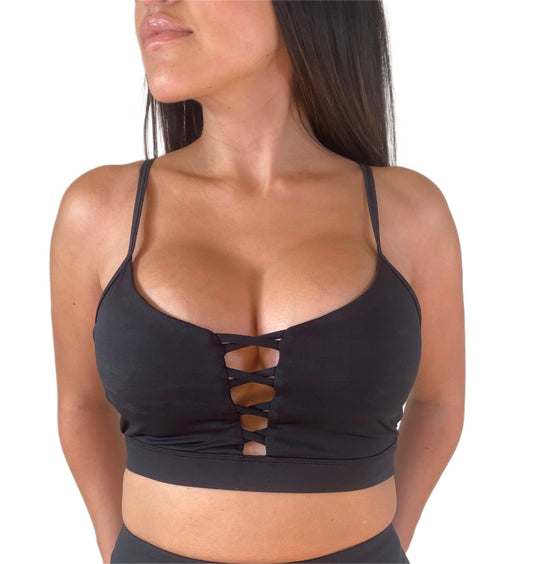 Black Sports Bra with Front Cross Hollow Design